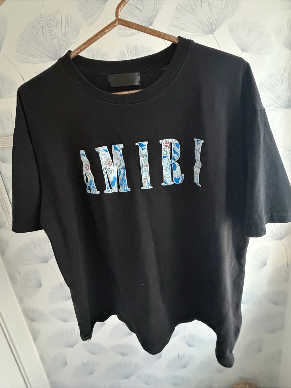 AMIRI Black Short-Sleeve Logo Tee with Blue-White Pattern